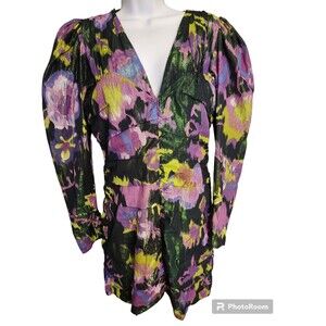 Zara Floral Print Lined Size Large Sparkly Long Puffed Sleeves Tiered Dress